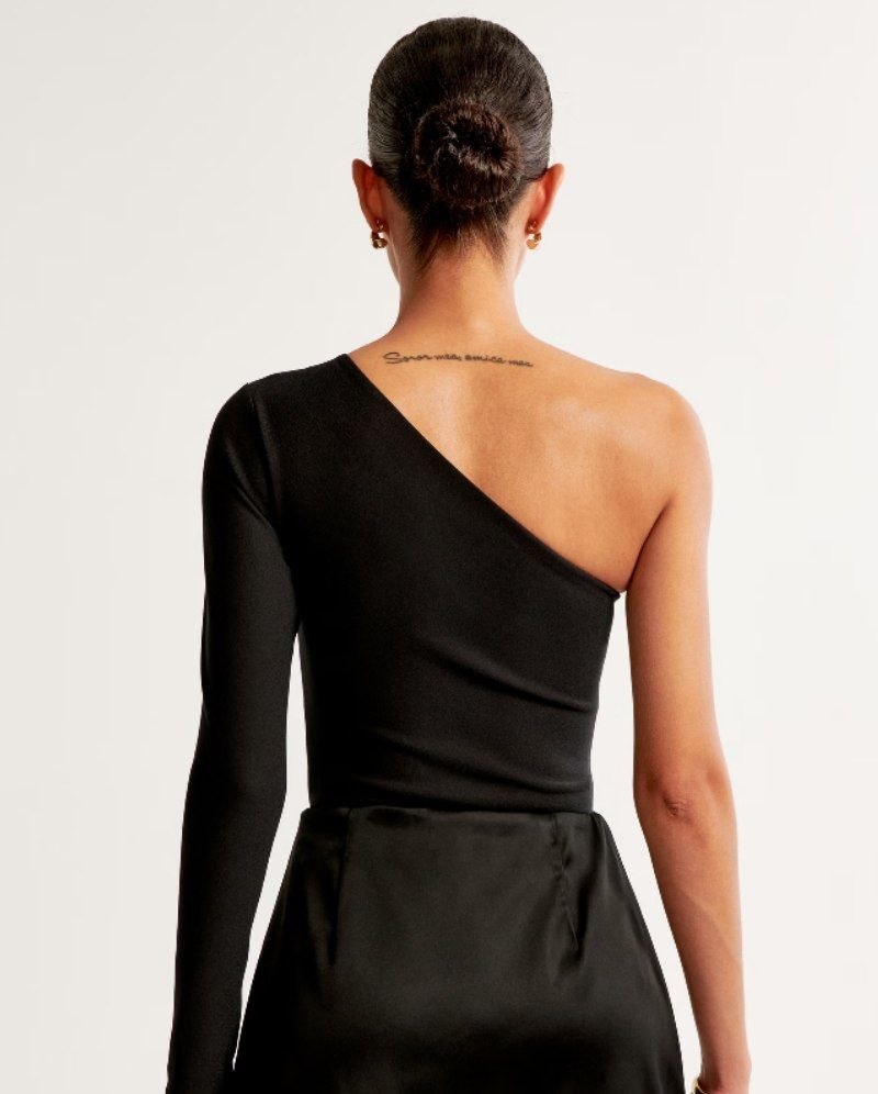 Боди Abercrombie & Fitch Long-Sleeve Crepe Asymmetrical One-Shoulder Bodysuit 'Black'