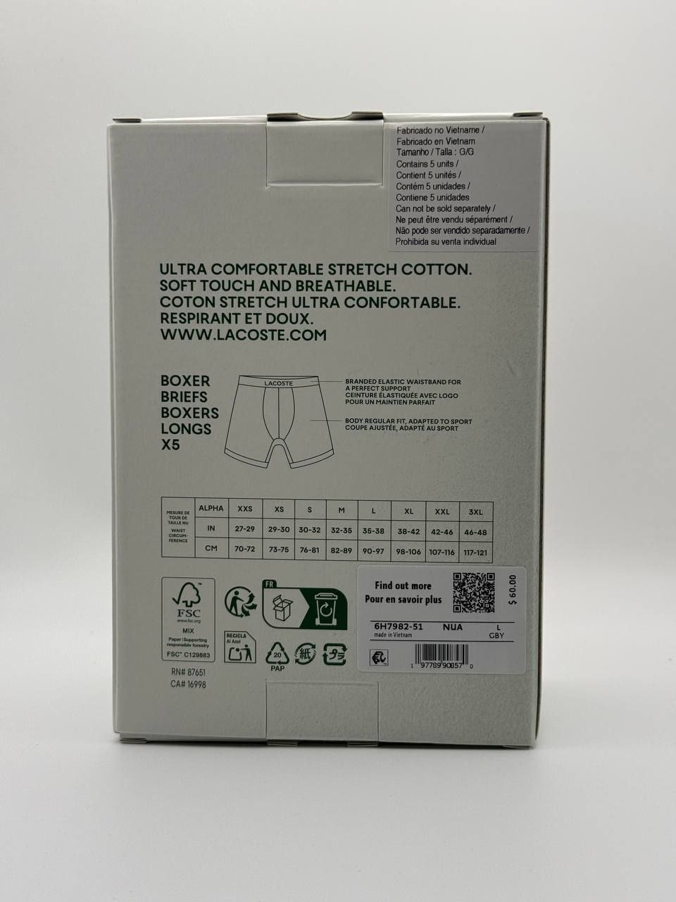 Боксеры Lacoste Cotton Stretch Essentials Boxer Briefs 5 Pack