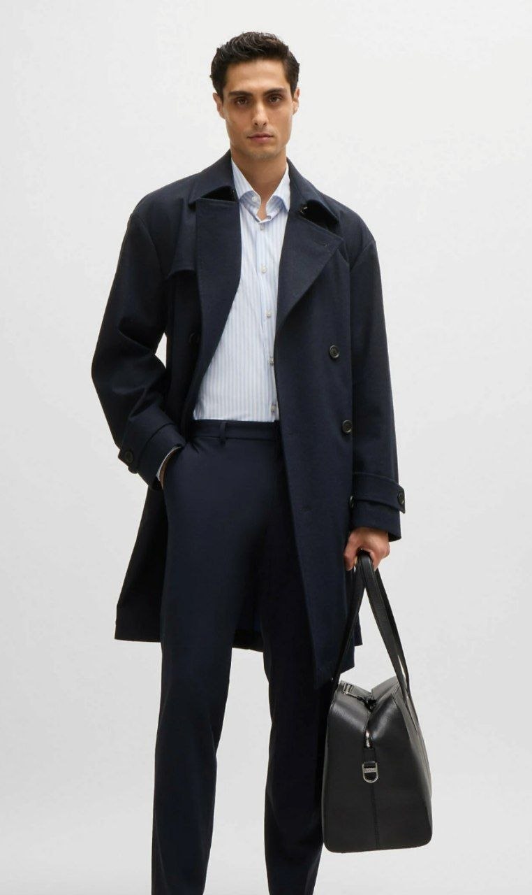 Тренч пальто BOSS P-Clark-Tech Flannels Trench Coat 'Dark Blue'